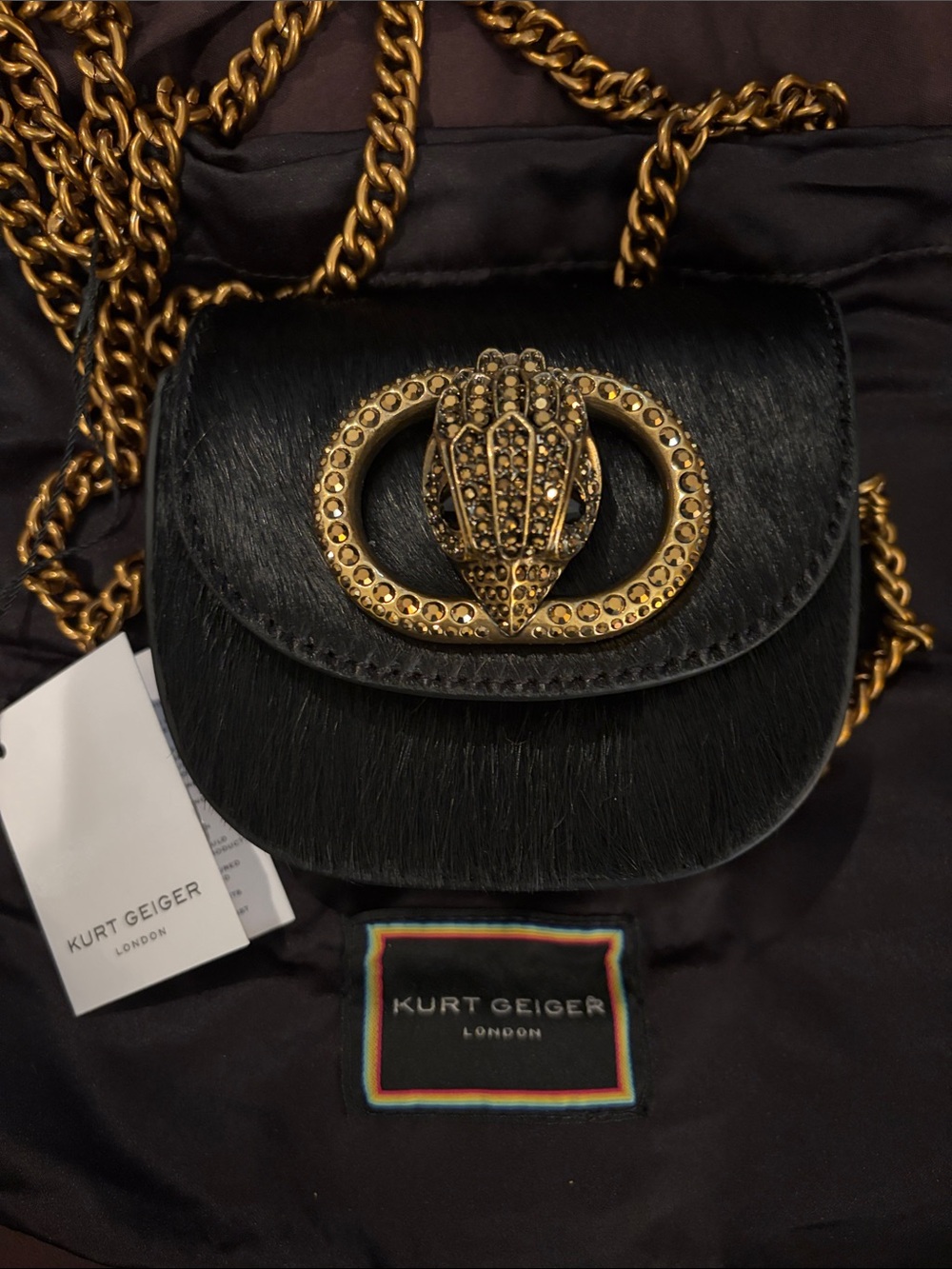 Kurt Geiger Black Mini Fur Crossbody with Gold Chain & Embellished Clasp NWT